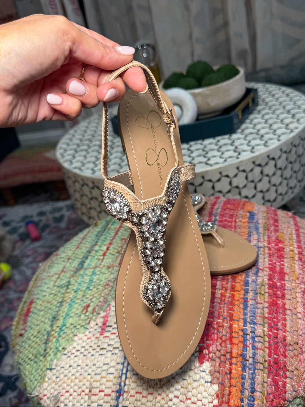 🥥🪩 Jessica Simpson Tan with Diamond Bling Crystal T-Strap Sandals with Strap 🪩🥥 - Picture 3 of 6